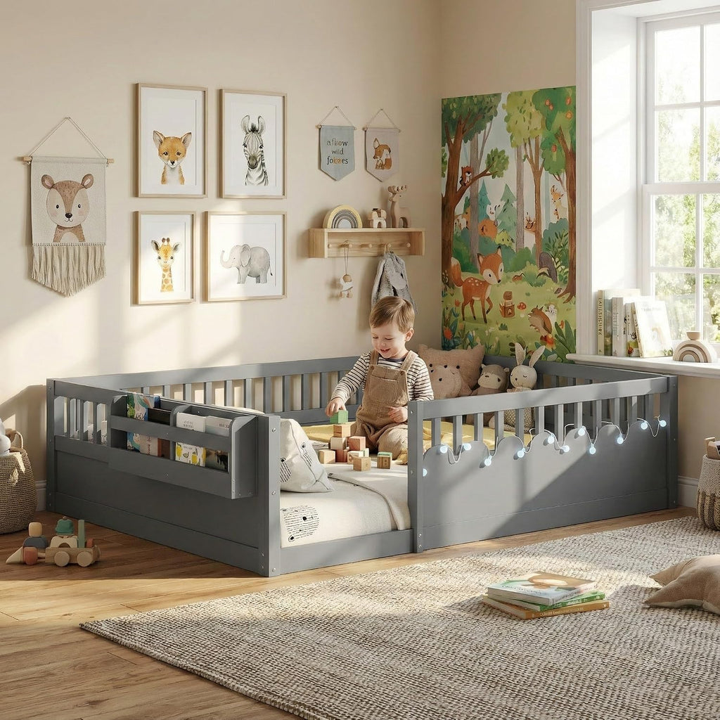 Montessori Floor Bed with High Rails,Full Size Floor Bed Frame for Kids, LED Lights & Storage Shelf, Safe & Wider