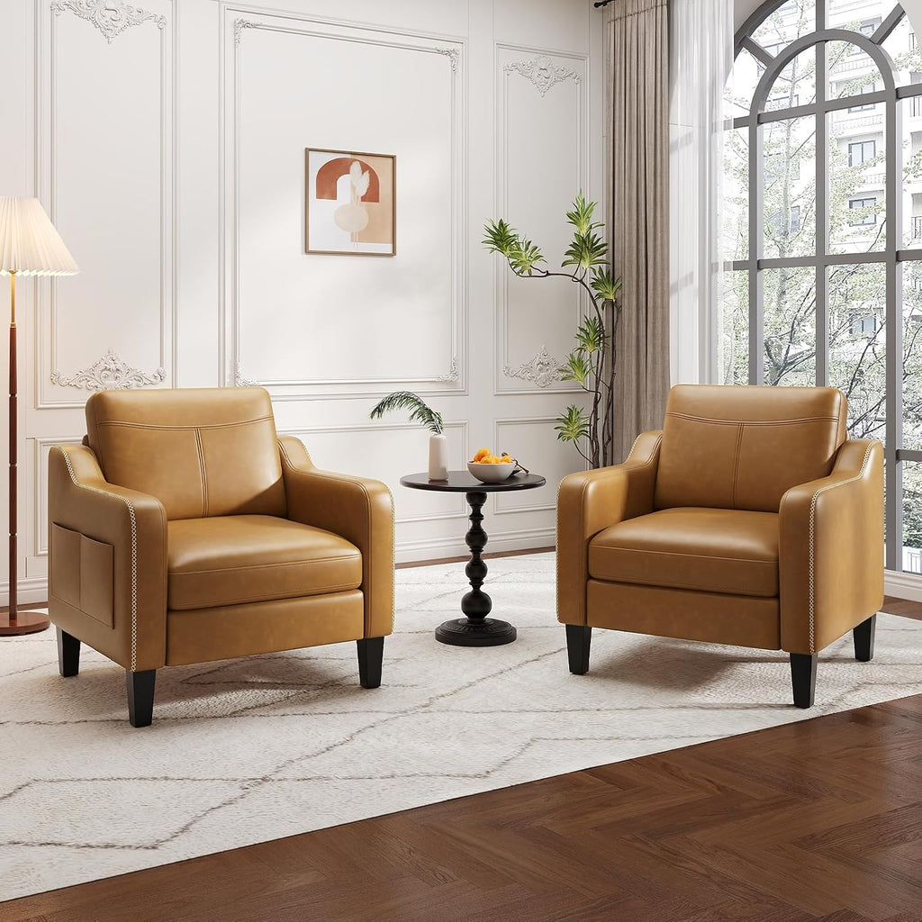 PU Leather Accent Chair, Mid-Century Modern Living Room Armchair Sofa with Removable Cushions, Solid Wood - Set of 2