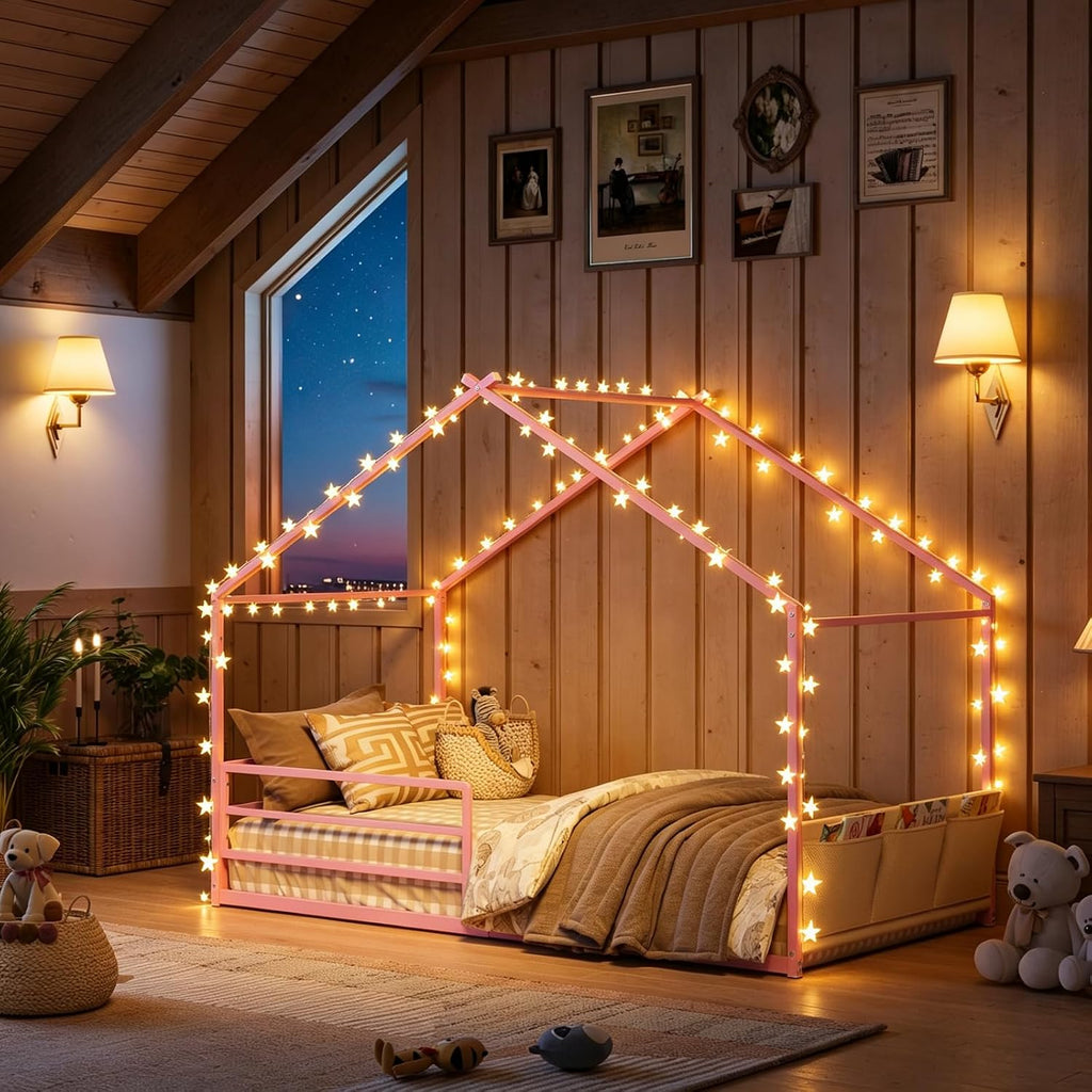 Metal Montessori House Bed for Kids, Pink