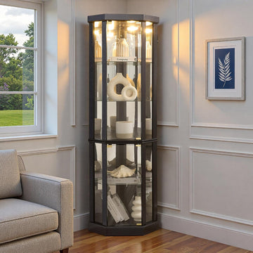 70" H Glass Display Cabinet, China Cabinet Dis, Black | 3-Side Glass Display with Customizable Shelves, Tempered
