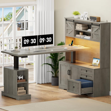 71" LED L Shaped Standing Desk with Hutch and Drawers Grey