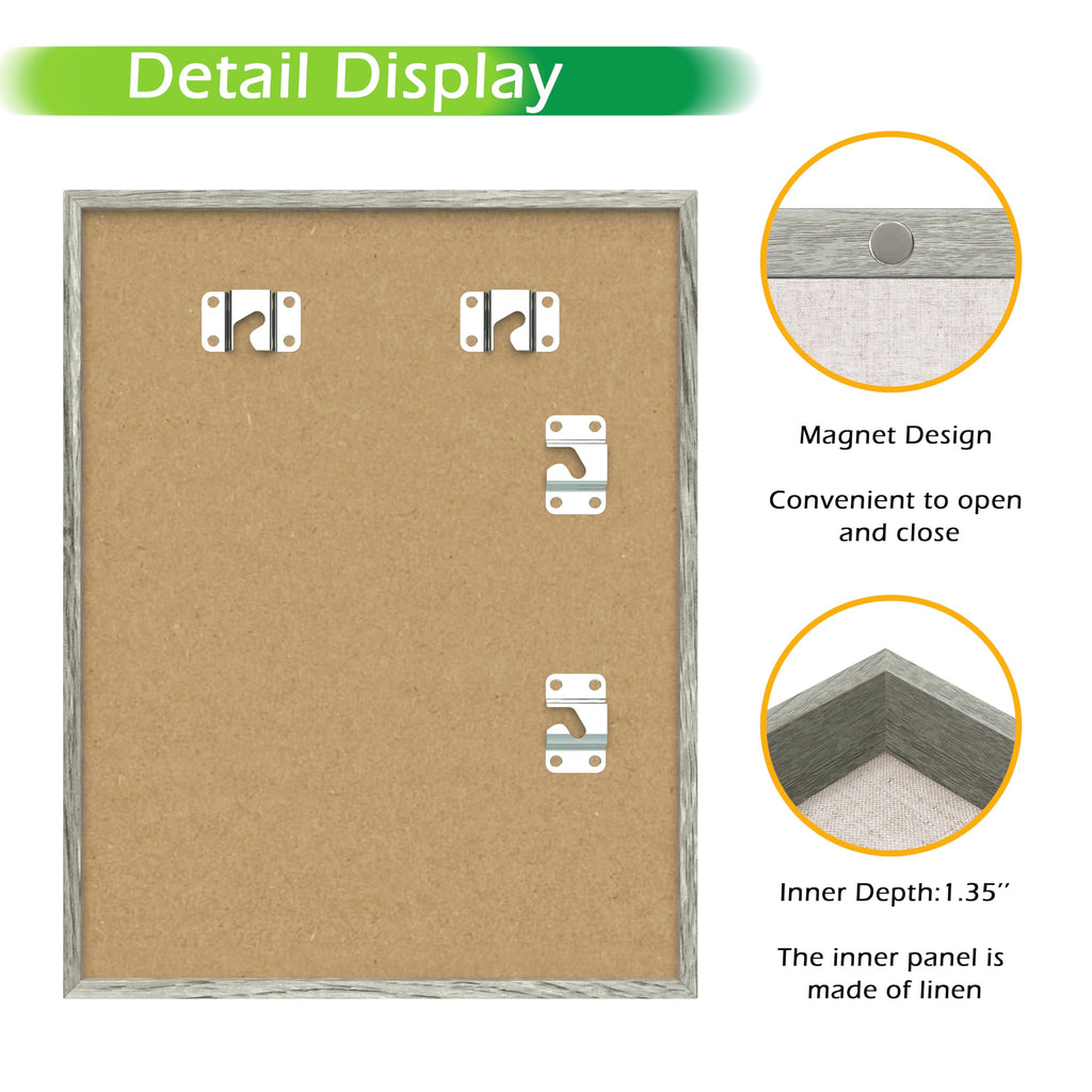 8.5x11 Deep Shadow Box Frame, Wooden Display Case w. Linen Board & Tempered Glass Door - Grey Woodgrain - Medium
