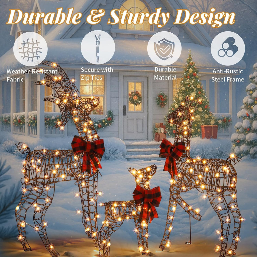 Large Outdoor Christmas Decoration, 4FT 3-Piece Lighted Christmas Deer Family Set, Rattan Reindeer, with 210 LED Warm