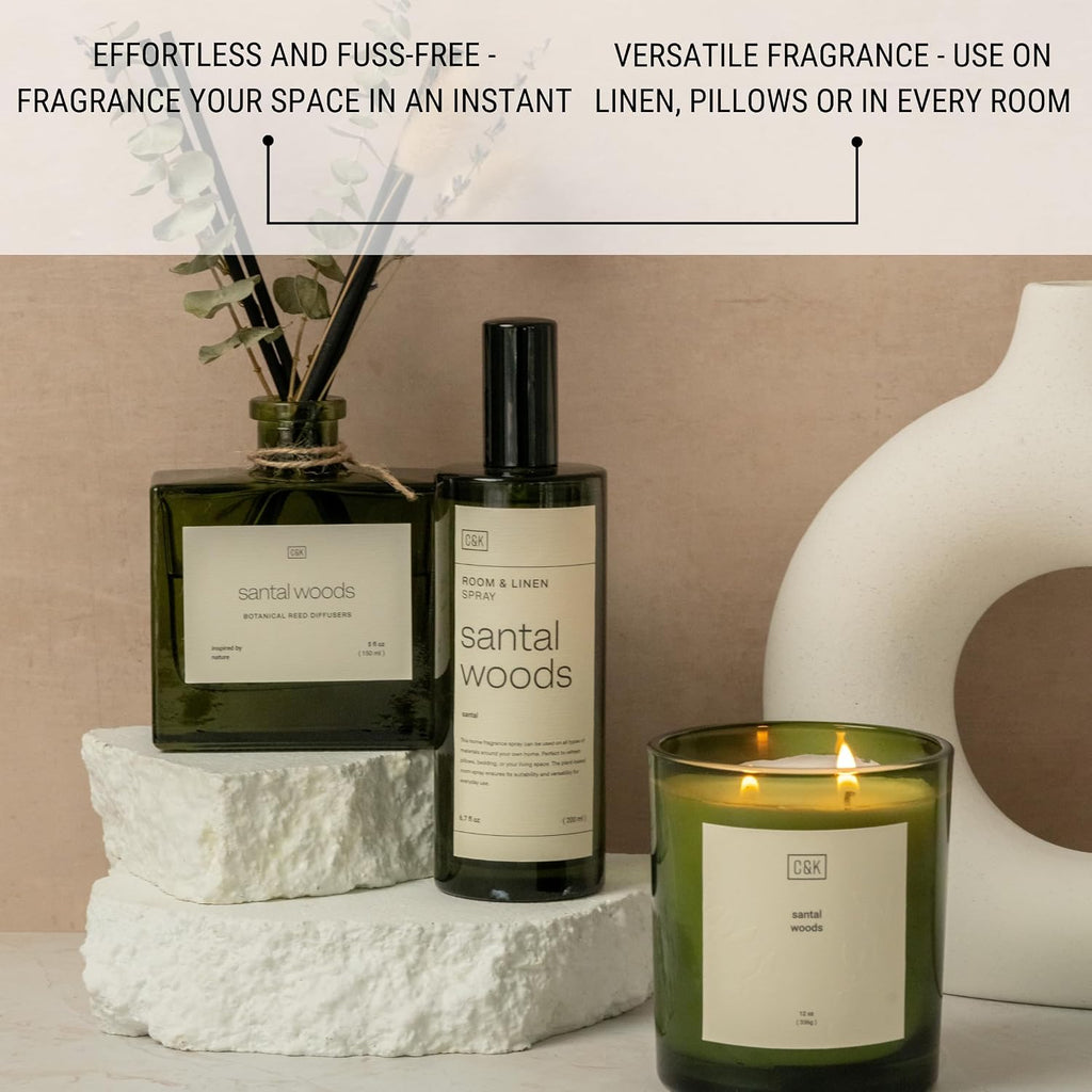 Premium Santal Woods Room Spray - Long-Lasting Air Freshener - Natural Essential Oil Linen & Pillow Spray - Odor