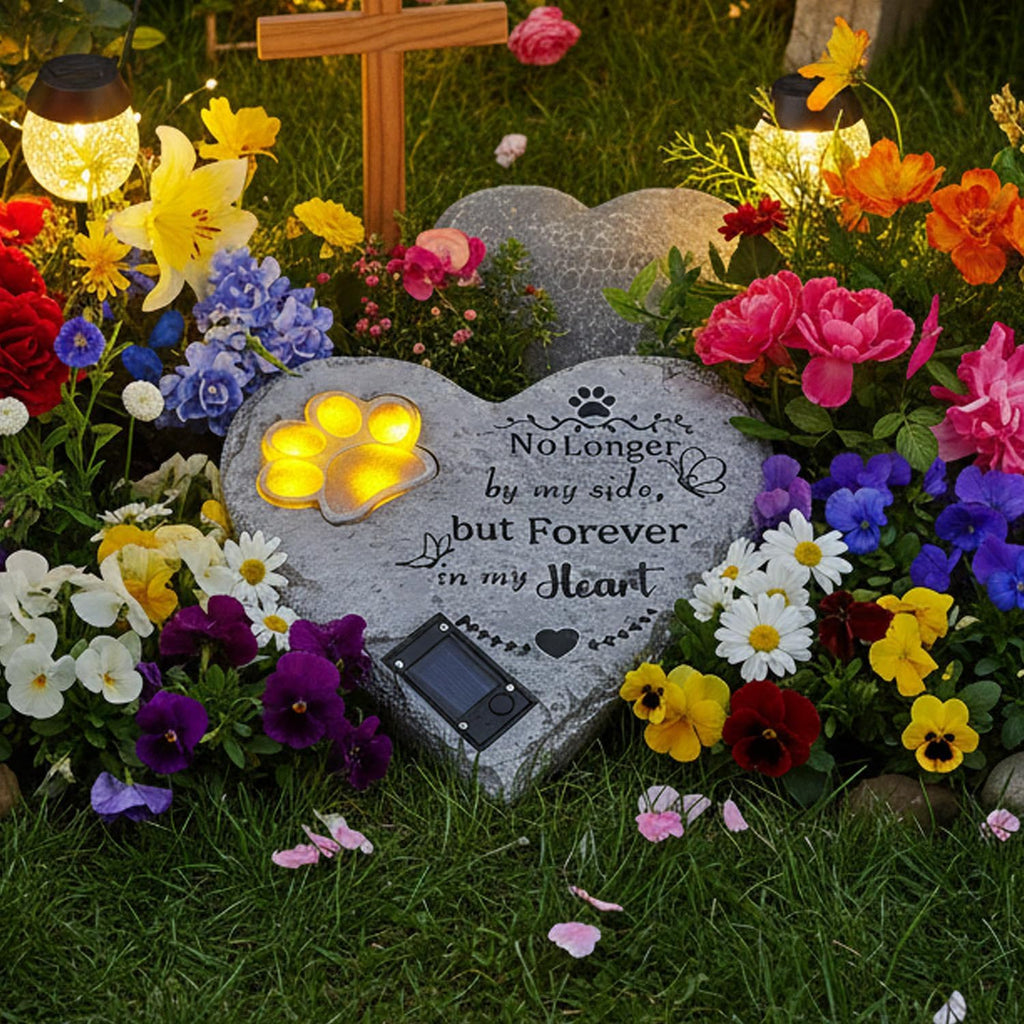 Pet Memorial Stone Solar Lighted Glowing Paw Print Heart Statue 10"