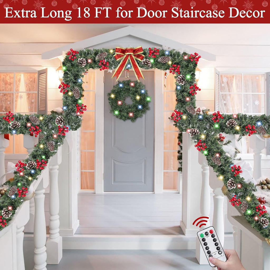 Remote Control&Extra Long&12 Modes-18 Ft Prelit Christmas Garland for Stairs Railing Mantle Front Door Porch Indoor