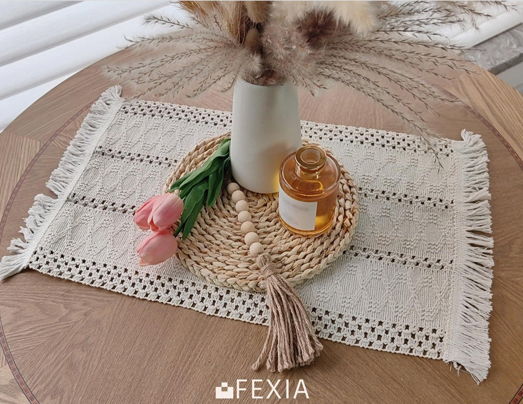 Beige Boho Placemats Set of 4 Table Mats Farmhouse Home Dining Decor