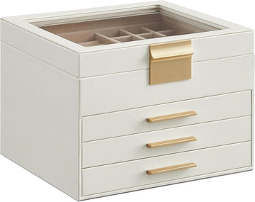 Jewelry Box Organizer, 4-Layer Storage with 3 Drawers, Glass Lid