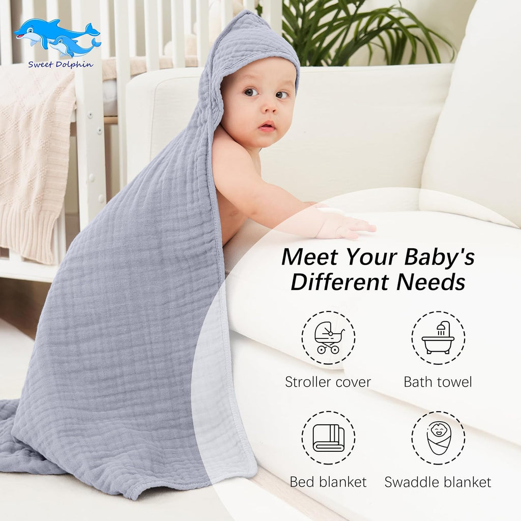 Muslin Hooded Baby Bath Towels - 2 Pack 100% Cotton Towel for Babies, Infants, Toddlers - 32x32Inch - Highly
