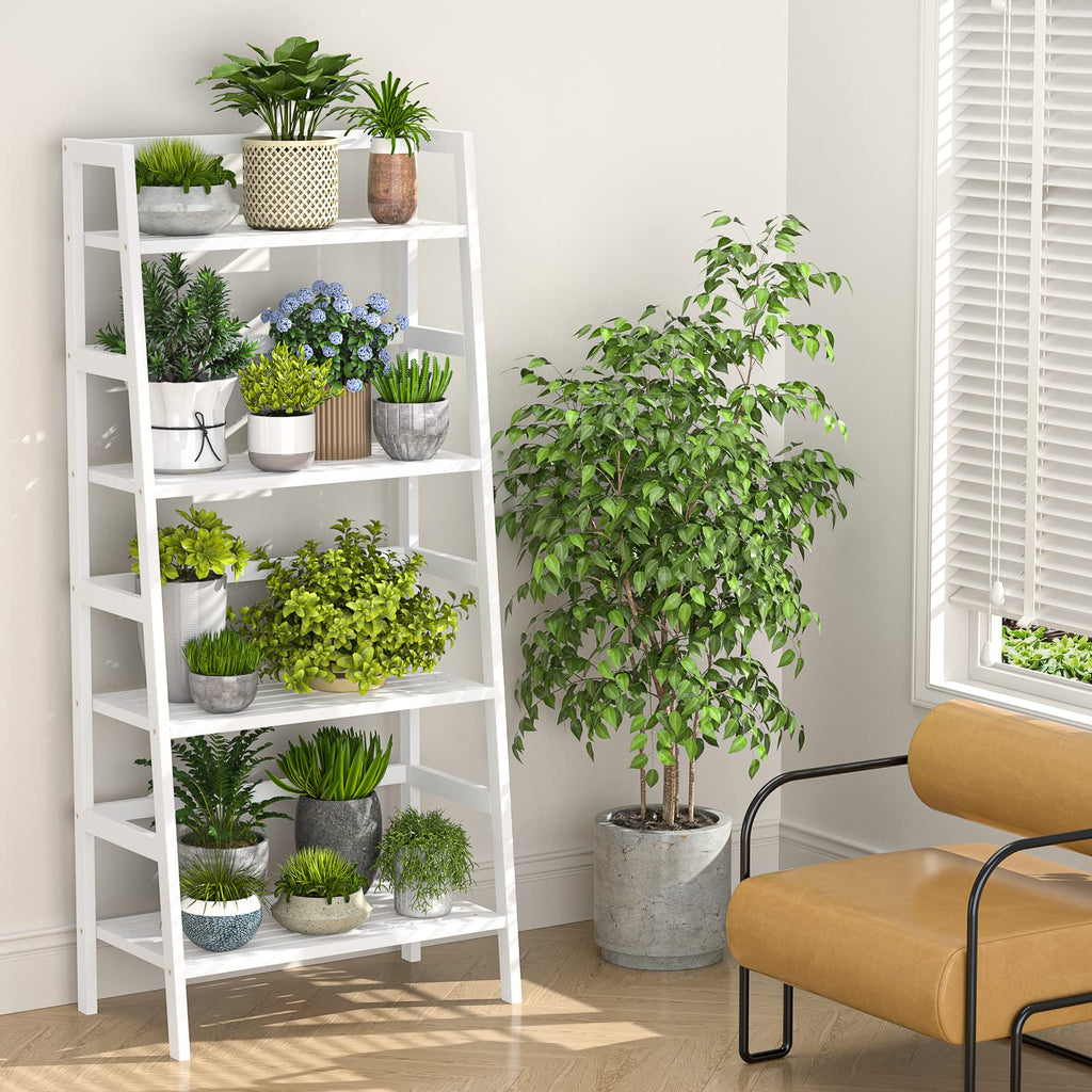 White Ladder Shelf, Bamboo 4-Tier Bookshelf & Bookcase Organizer
