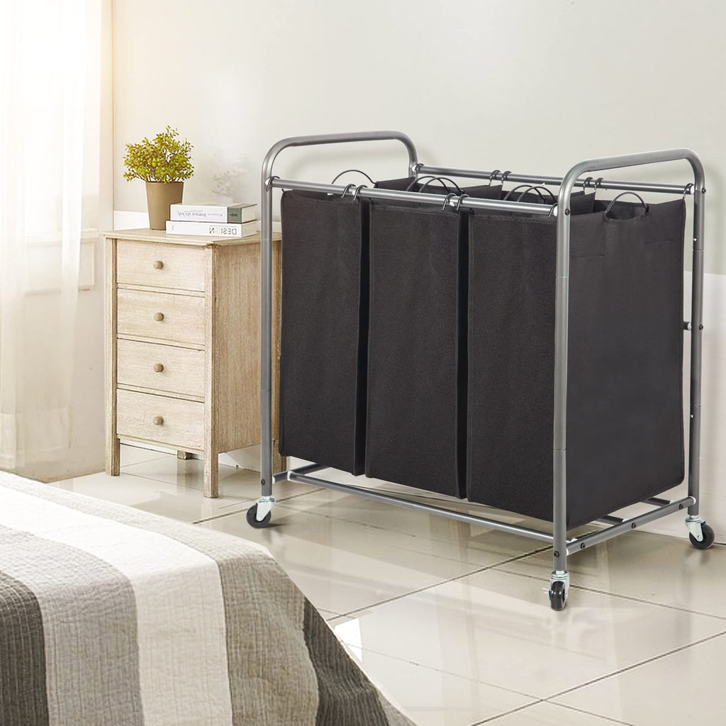 Laundry Sorter 3 Section, 3 Bag Clothes Hamper, Rolling Laundry Cart Basket with Heavy Duty Lockable Wheels and