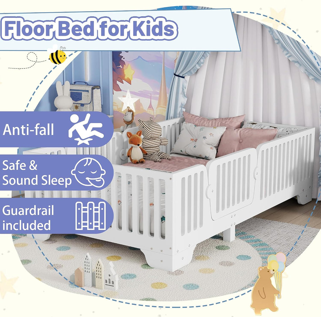 Floor Bed with High Fence Rails, Wooden Montessori Bed Frame with Detachable Door & Slats, Low Profile Beds