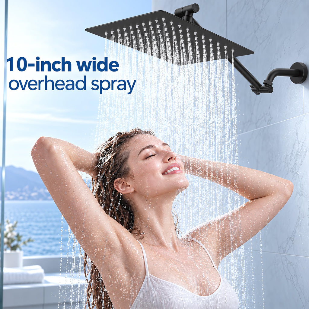 10x10 Inch Matte Black Rain Shower Head, 304 Stainless Steel Square High Pressure Rainfall Shower Head, Ultra Thin