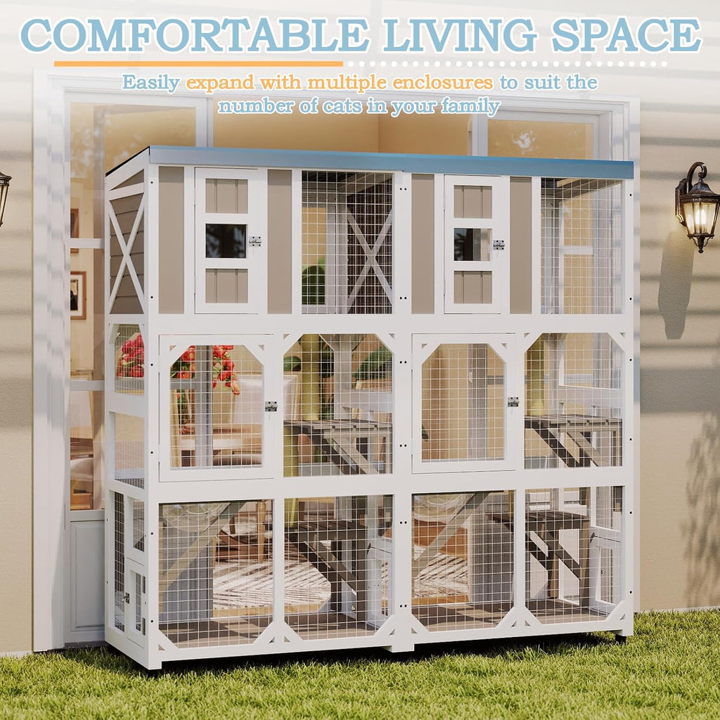 64" H Large Wooden Catio Outdoor Cat Enclosure with Wheels