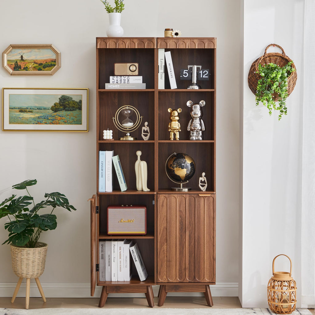Tall Narrow Bookshelf with Door, Mid Century Modern, Walnut