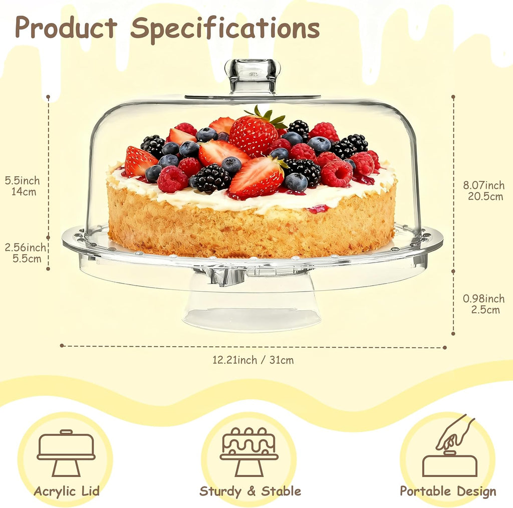 12inch Cake Stand with Acrylic Lid, 6-in-1 Multifuntional Serving Platter with Dome Cover, Cake Display Stand