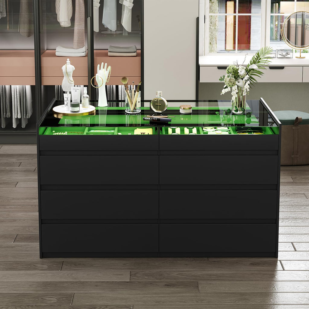 16 Drawer Closet Island with Glass Top & LED Light, Black