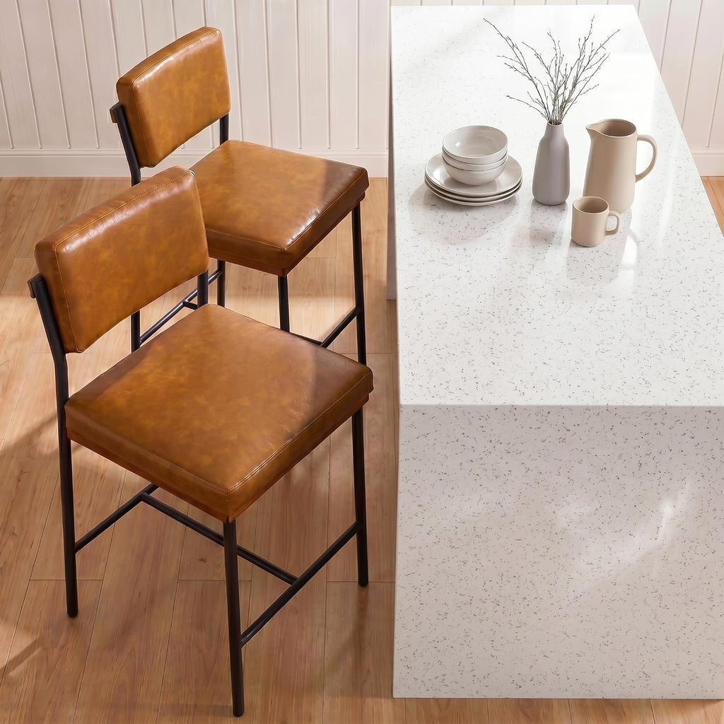 Faux Leather Bar Stools Set of 2,26 Inch Modern Counter Height Bar Stools Island,Counter Stools with Wide Back Sturdy