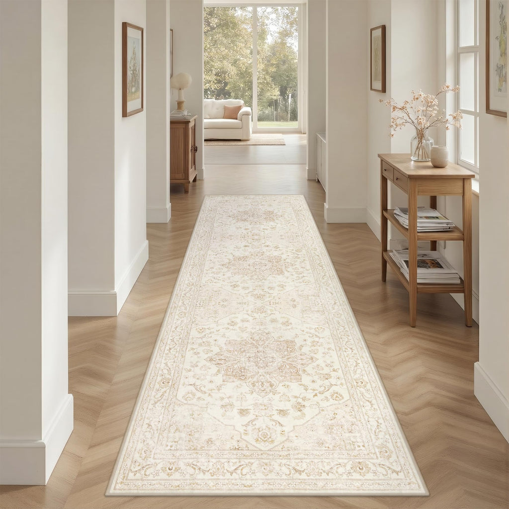 2x14 Hallway Washable Runner Rug: Kitchen Carpet Beige White