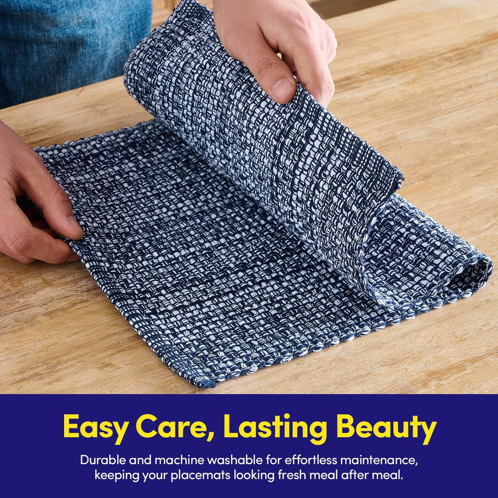 100% Cotton Placemats Rectangle Two Tone Woven Fabric 13" x 19" Soft Durable Table Mat Set, Navy - Set of 6