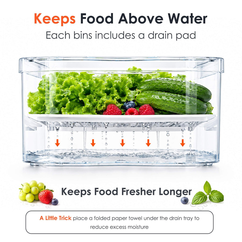 8 Pack Clear Fridge Organizer Bins with Drain Trays - Stackable