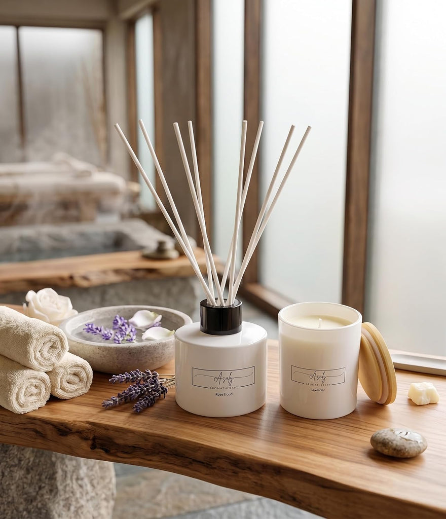 Luxury Lavender Candle & Reed Diffuser Gift Set for Women - Soy Wax Candle (30 Hr Burn) + Rose & Oud Reed Diffuser - Set of 2