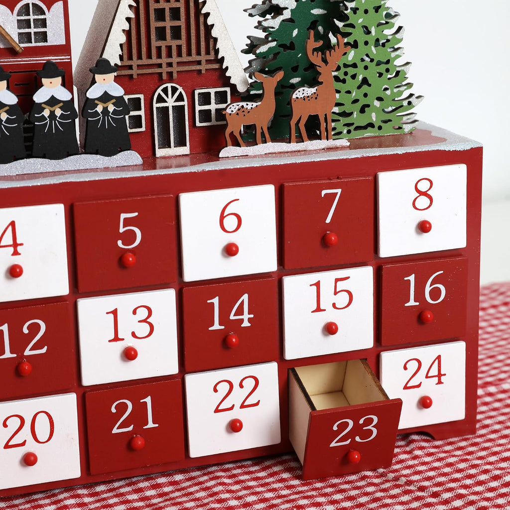 Christmas Wooden Advent Calendar with LED Lights, 24 Drawers Countdown to Christmas Festive Church Scene