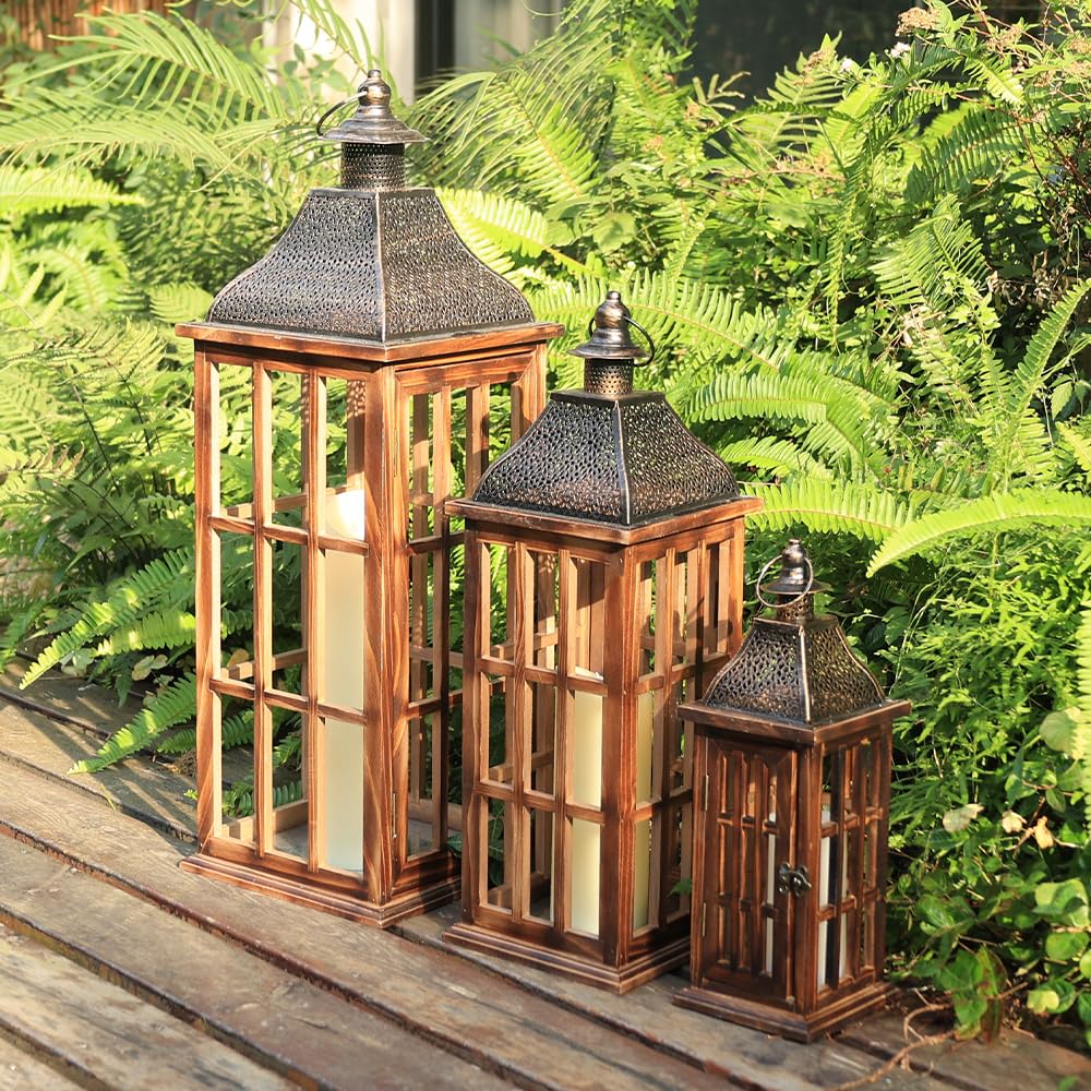 Large Farmhouse Wooden Metal Lantern Set of 3, 27''/22''/15'' H Rustic Decorative Indoor & Outdoor Hanging Candle