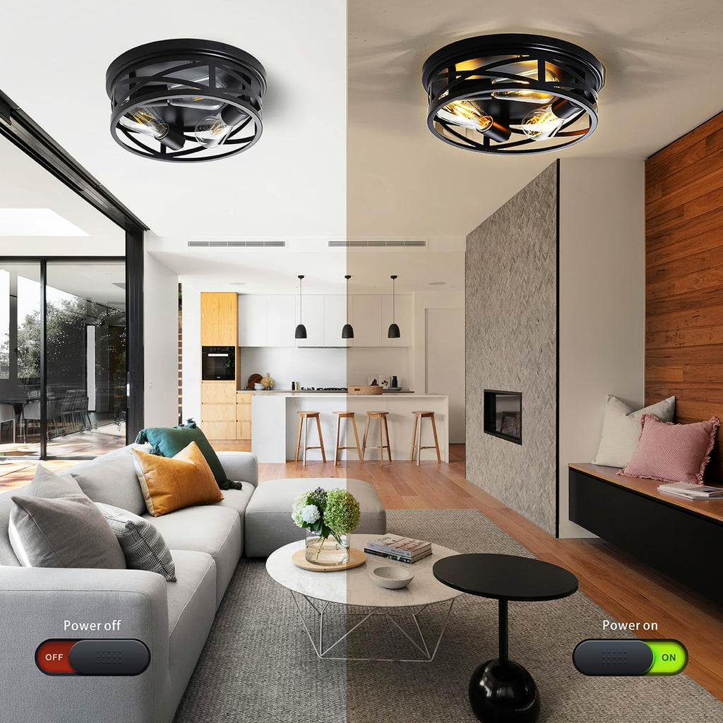 Farmhouse Flush Mount Ceiling Light 12 Inch E26 3-Light Large Black Anti-Rust Metal Cage Close to Ceiling Lamp for