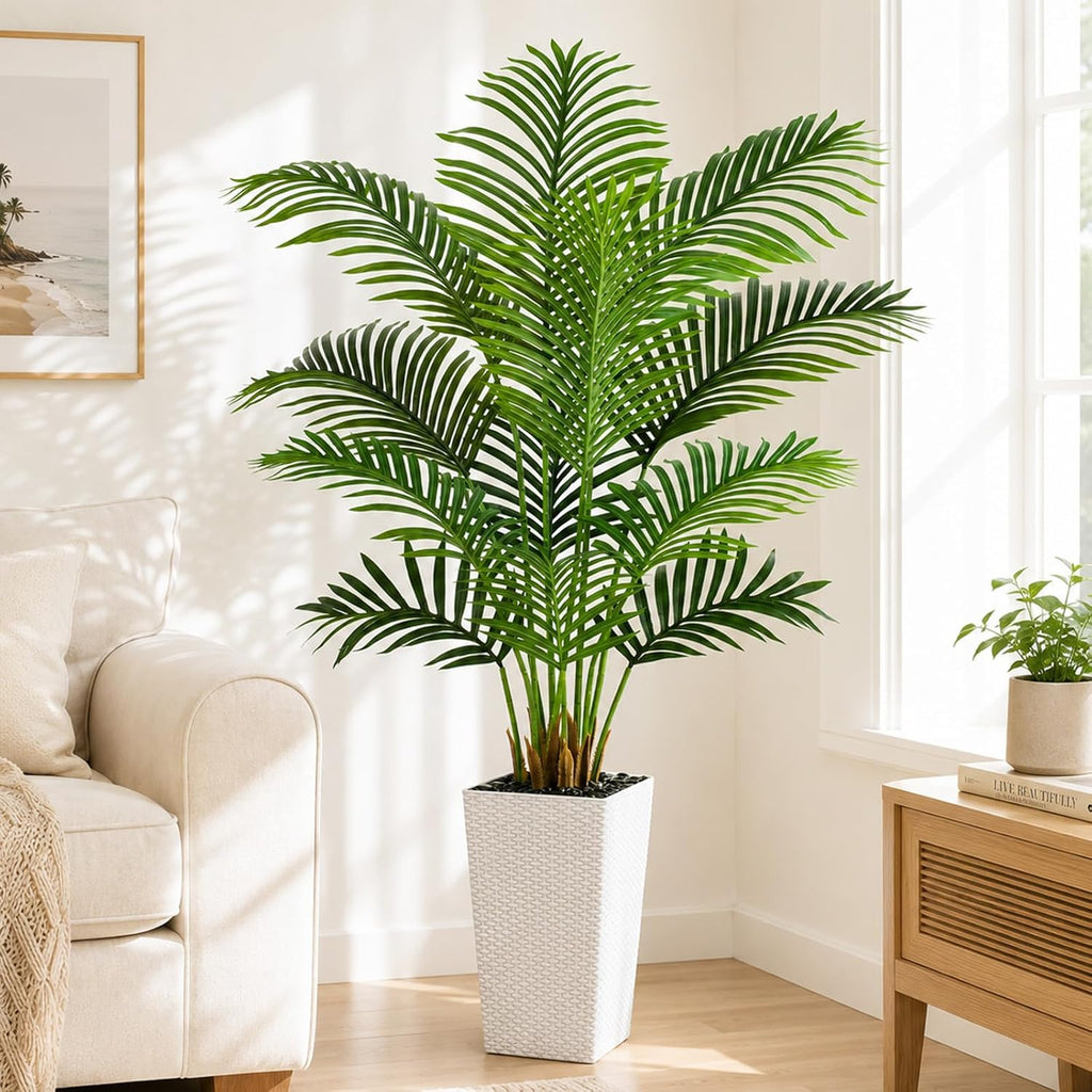 5FT Tall Artificial Palm Trees White Planter,Fake Silk Tropical Tree with 9 Lush Leaves,Realistic Faux Floor Plant