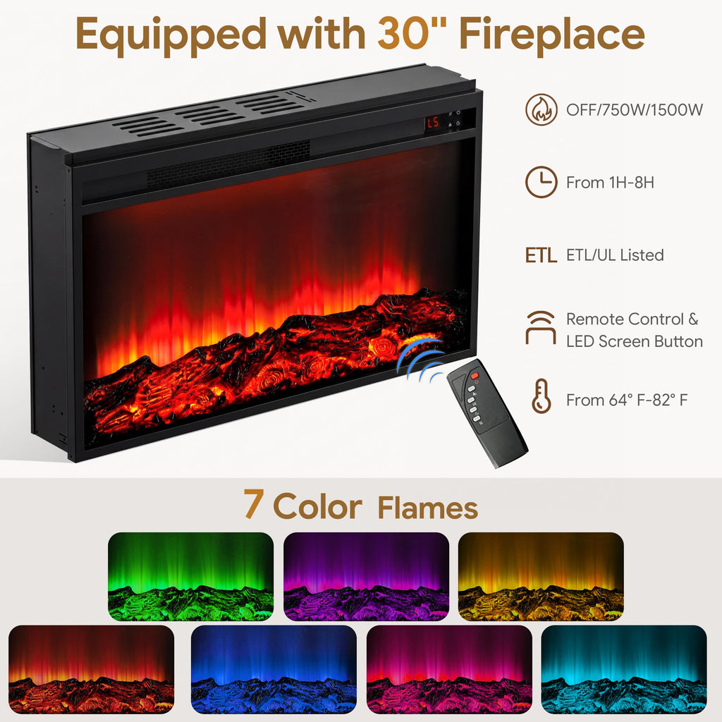64" Fluted Fireplace TV Stand with 30" Electric Fireplace, Black