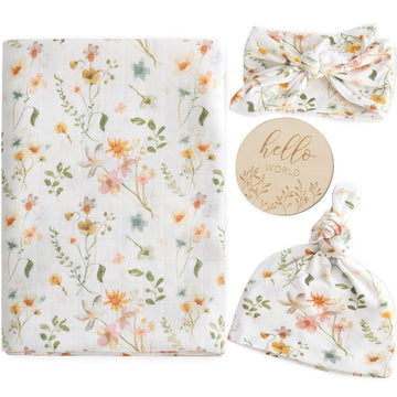 Newborn Swaddle Set with Matching Hat and Bow Set, Wooden Birth Announcement Card, Floral Baby Girl Newborn Receiving