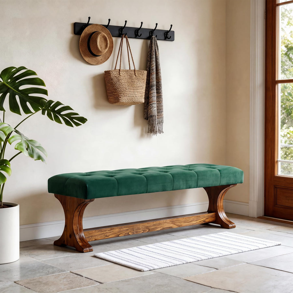 55" Upholstered End of Bed Bench, Solid Wood Tufted Entryway Bench, Farmhouse Ottoman with Cushion, Foot of Bed