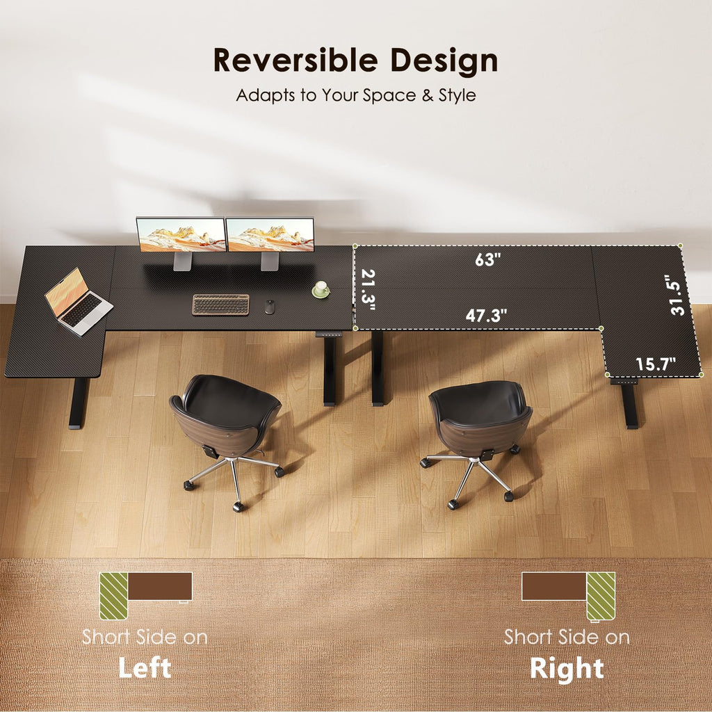 63" Reversible L Shaped Electric Standing Desk, Carbon Fiber Black