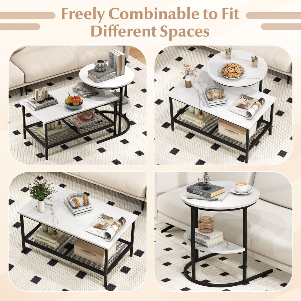 Nesting Coffee Set of 2, 2 PCS Nesting Tables with Faux Marble Top and Extra Storage Shelf, Modern Round End &