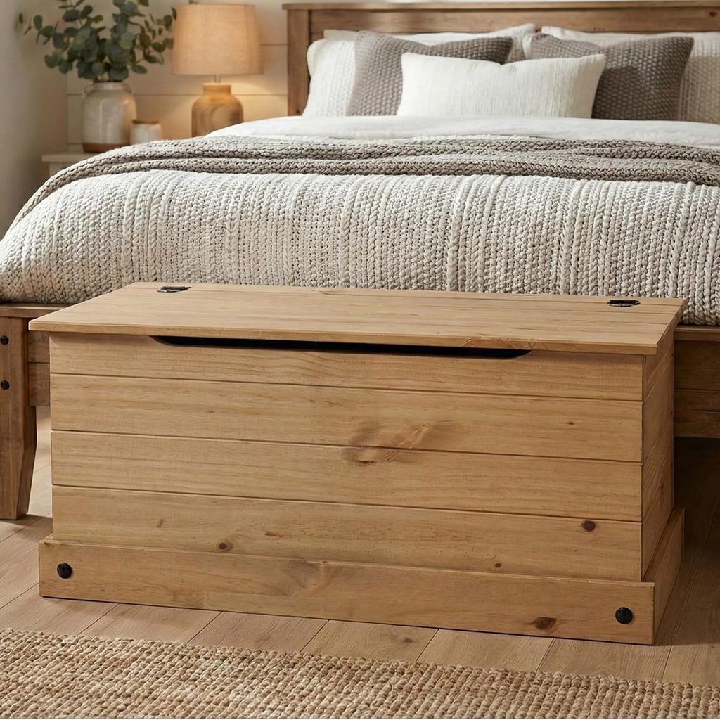 Corona Storage Chest with Lid - Natural Wood Trunk , or Living Room - Safe-Stay Hinged Top for Easy Access
