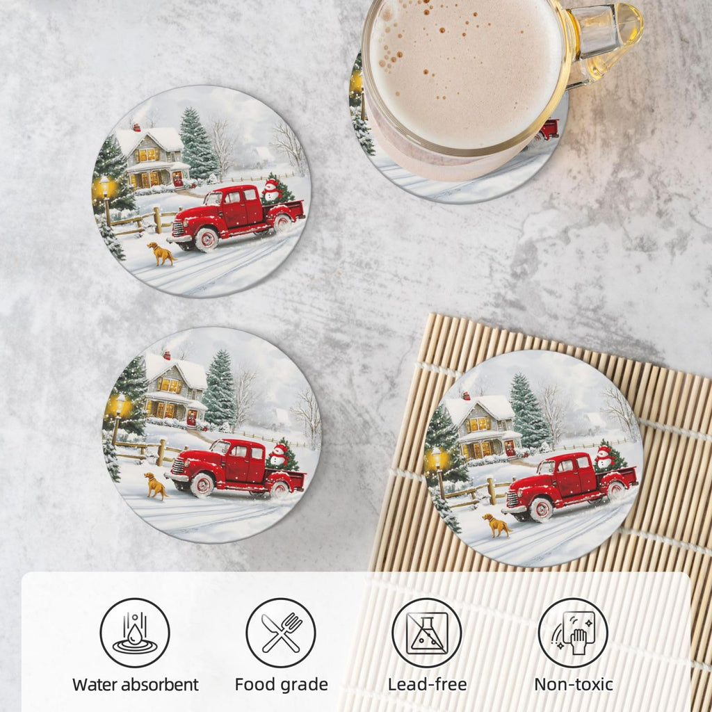 Winter Red Truck Coasters for Drinks Christmas Tree Candy Snowflake Absorbent Ceramic Coasters Set of 4 for Coffee