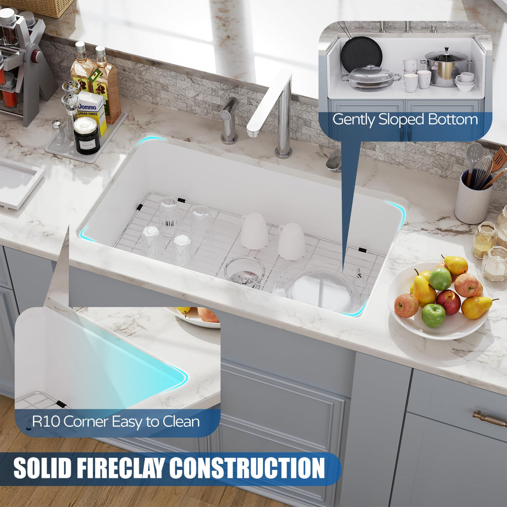 30 White Undermount Kitchen Sink, Topmount & Undermount Kitchen Sink 30x18 inch White Porcelain Ceramic Fireclay