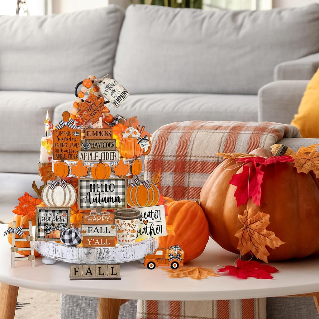 Fall Tiered Tray Decor Set Hello Autumn Table Sign Thanksgiving Farmhouse Pumpkins Maple Leaves Table - Set of 21