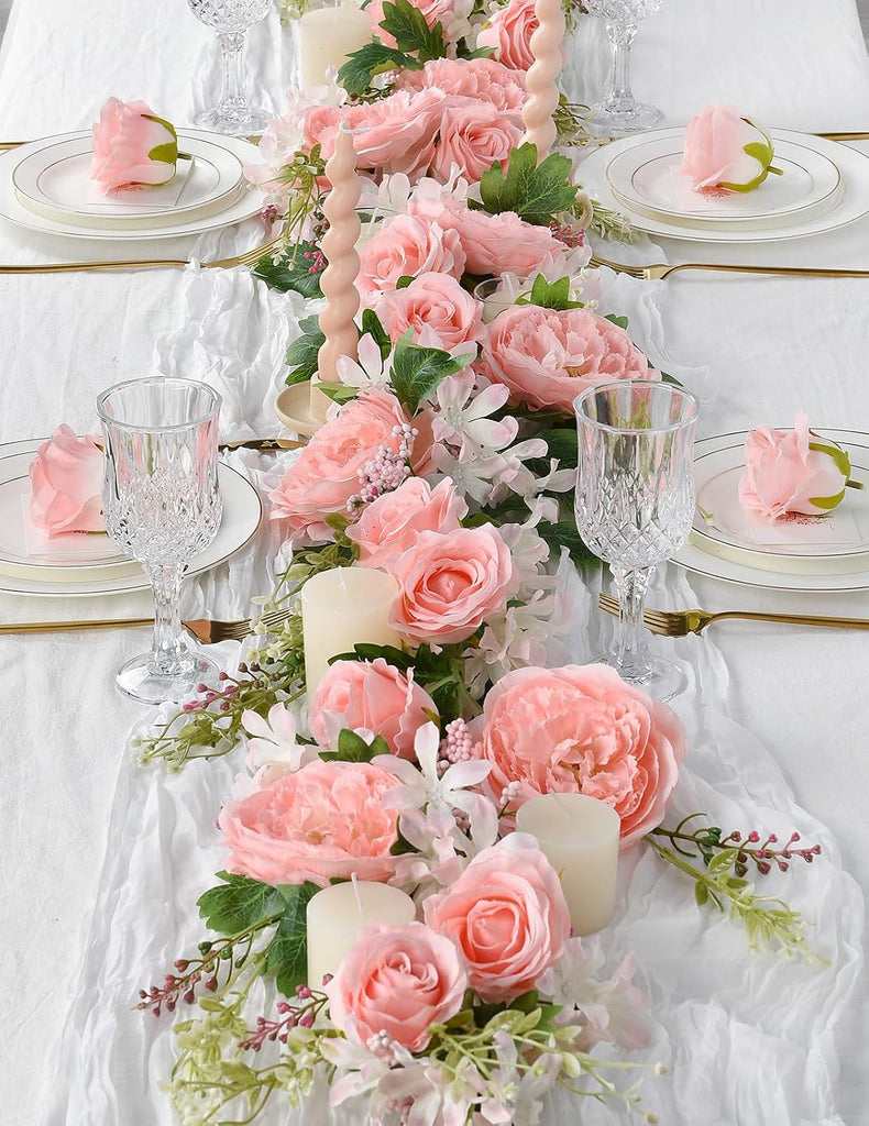 Artificial Peony Flower Garland - Silk Peony Garland with Pink Flowers for Wedding Party Table - Set of 12
