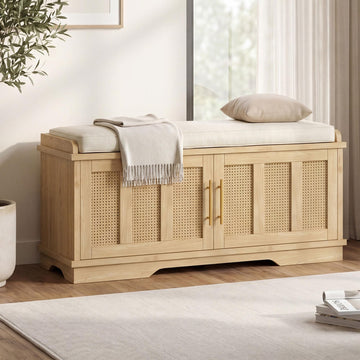 Shoe Cabinet with Bench, Rattan Storage Bench with Cushion