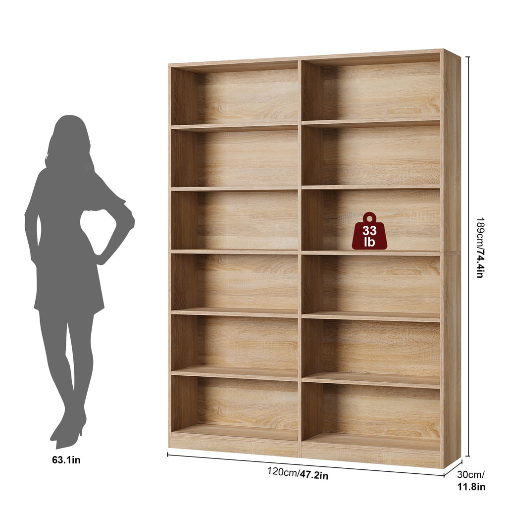 Bookshelf Tall Bookcase, 6-Tier Double Wide Bookshelves, Light Oak