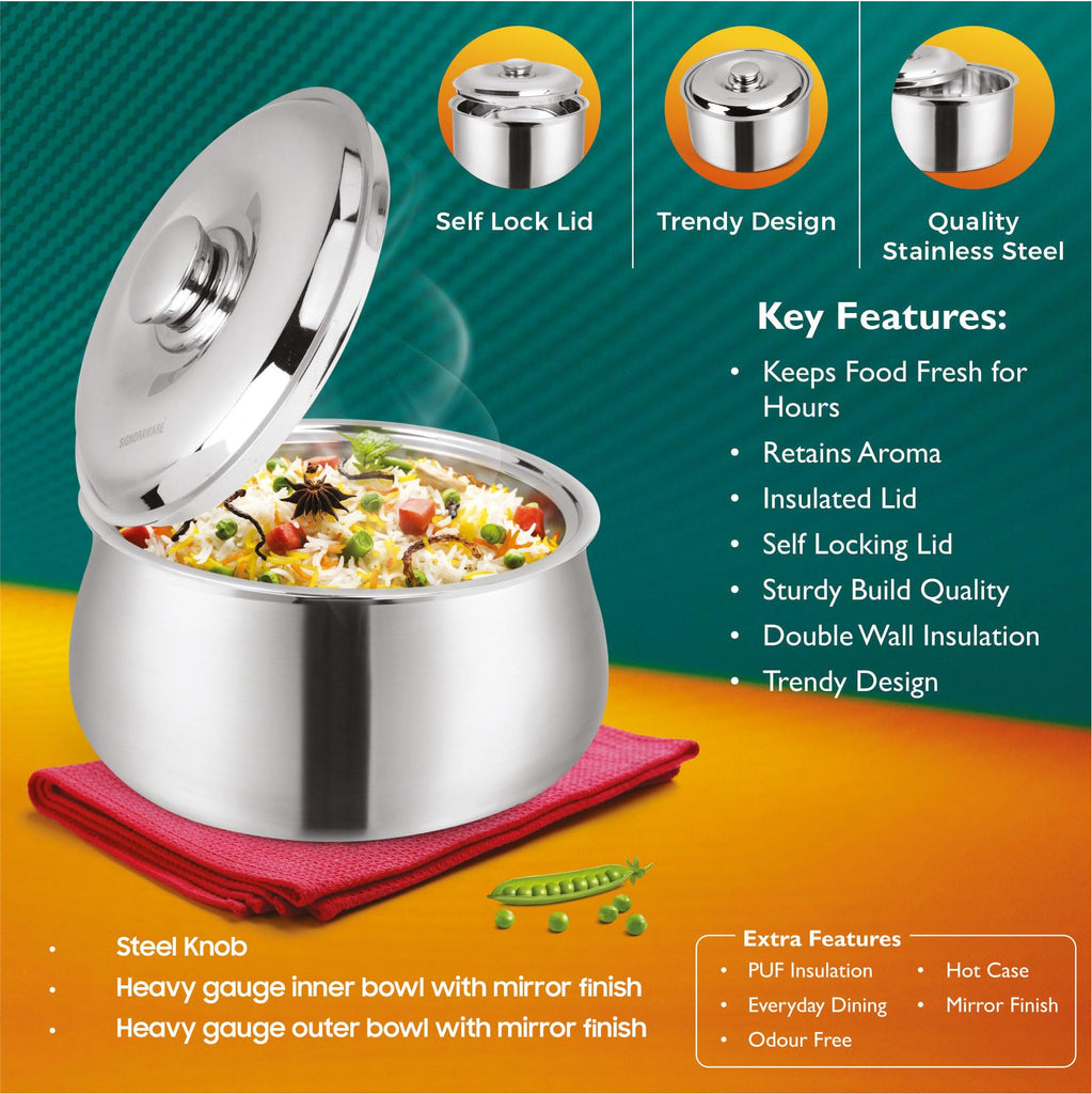 Large Insulated Casserole Dish with Lid 1500ml. Stainless steel Hot Pot Food Warmer/Cooler -Thermal Soup/Salad