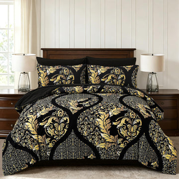 Black Gold Comforter Set Queen Size, 7 Pieces Luxury Bohemian Damask Comforter Set Soft Lightweight Microfiber