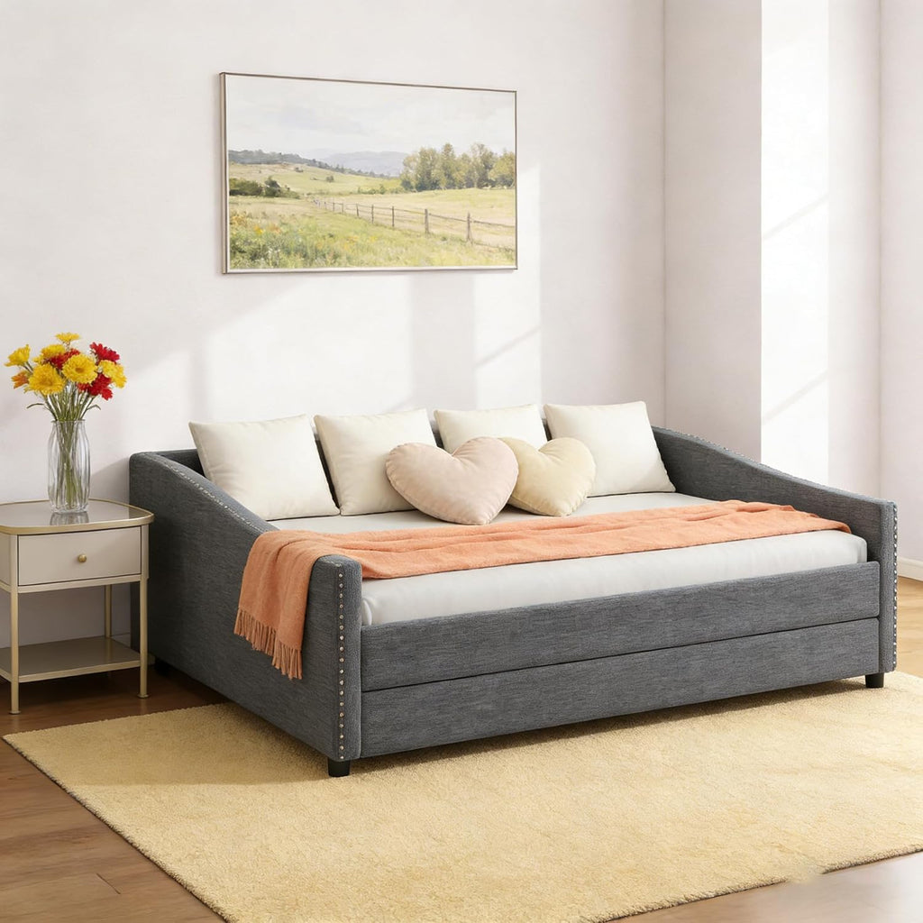 Full Size Upholstered Daybed with Trundle | Twin Size Trundle,Button-Tufted Back, Piping on Waved-Shape Arms, Solid