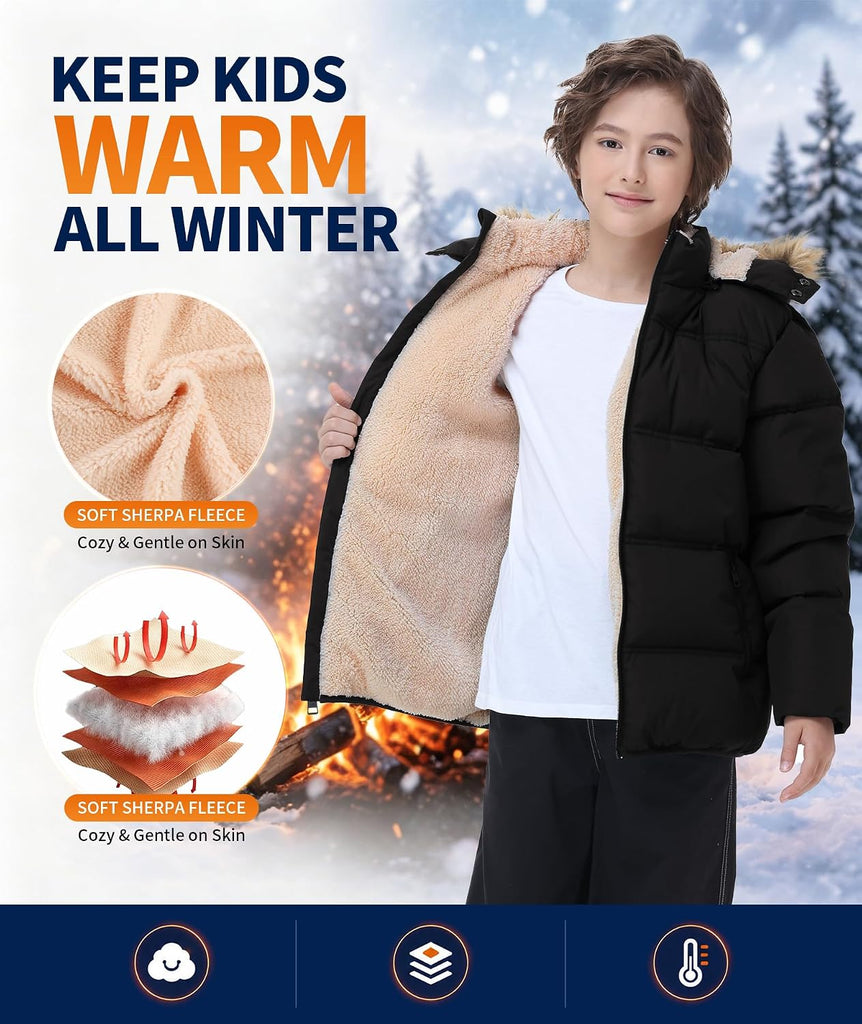 Boys Girls Winter Puffer Jacket Water Resistant Hooded Coat