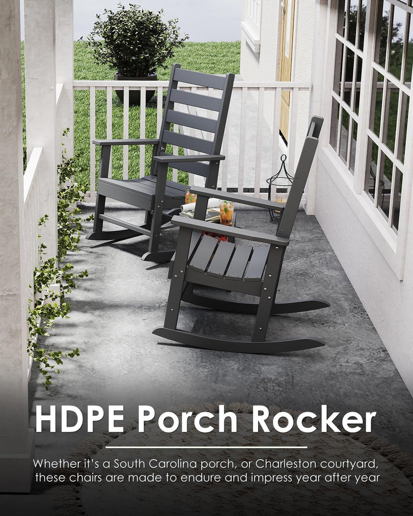 Outdoor-Rocking-Chair Set | 3-Piece | 2 Rocking Chairs with 1 Side Table | HDPE Plastic | Patio Rockers | Porch