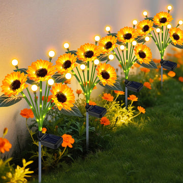 Solar Sunflower Lights Outdoor 4 Pack with Firefly Lights for Yard