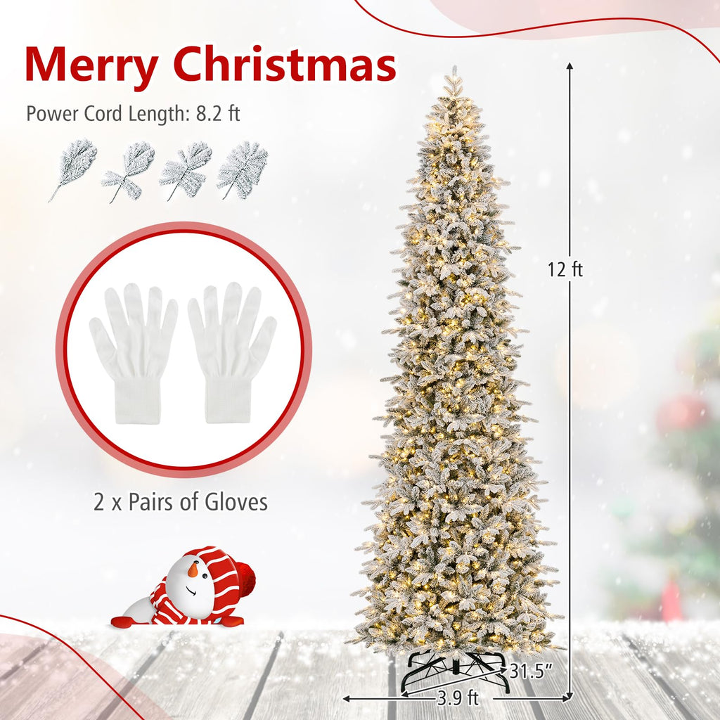 12 ft Pre-Lit Snow Flocked Christmas Tree, Quick Power Connector