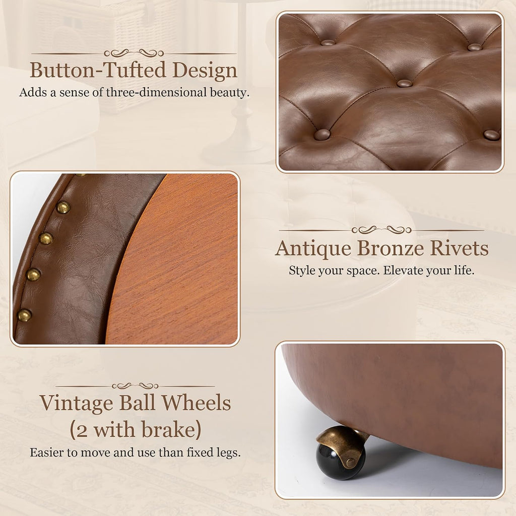 29" Large Round Storage Ottoman with Tray , Brown | Modern PU Leather Coffee Table Ottoman with Storage & Wheels